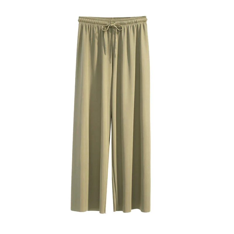 Women Ankle-Length Wide Leg Pants – Casual, Summer, Solid Color, Elastic Waist, Loose Fit, Ice Silk, Spring/Summer
