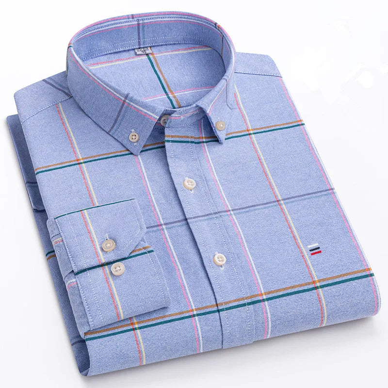 Men's 100% Cotton Shirt – Long Sleeve Plaid Oxford, Solid Color, Regular Fit Formal Dress Shirt, Available In Oversized