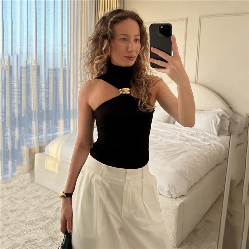 Turtleneck Basic Knit Tank Top – Sleeveless, Metal Ring Detail, Pullover, Skinny Fit, Y2K Style, Cropped, Women's Fashion