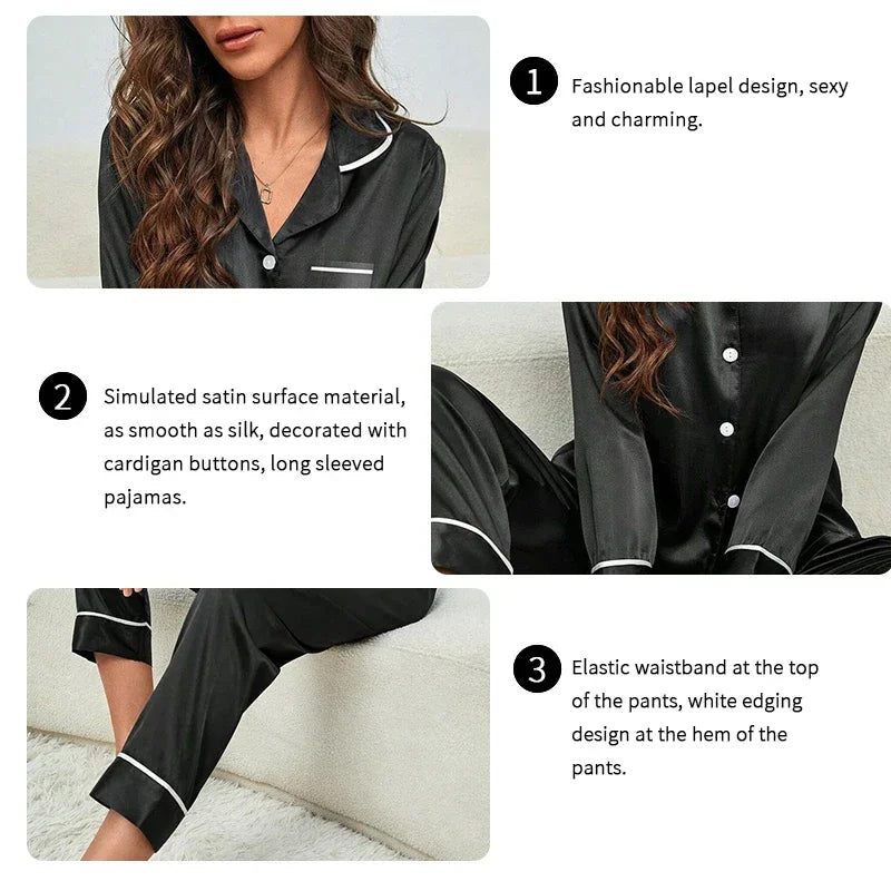 Plus Size Autumn and Winter Silk Pajamas – Women's Solid Casual Soft Nightwear, Button-Up Cardigan Sleepwear & Homewear