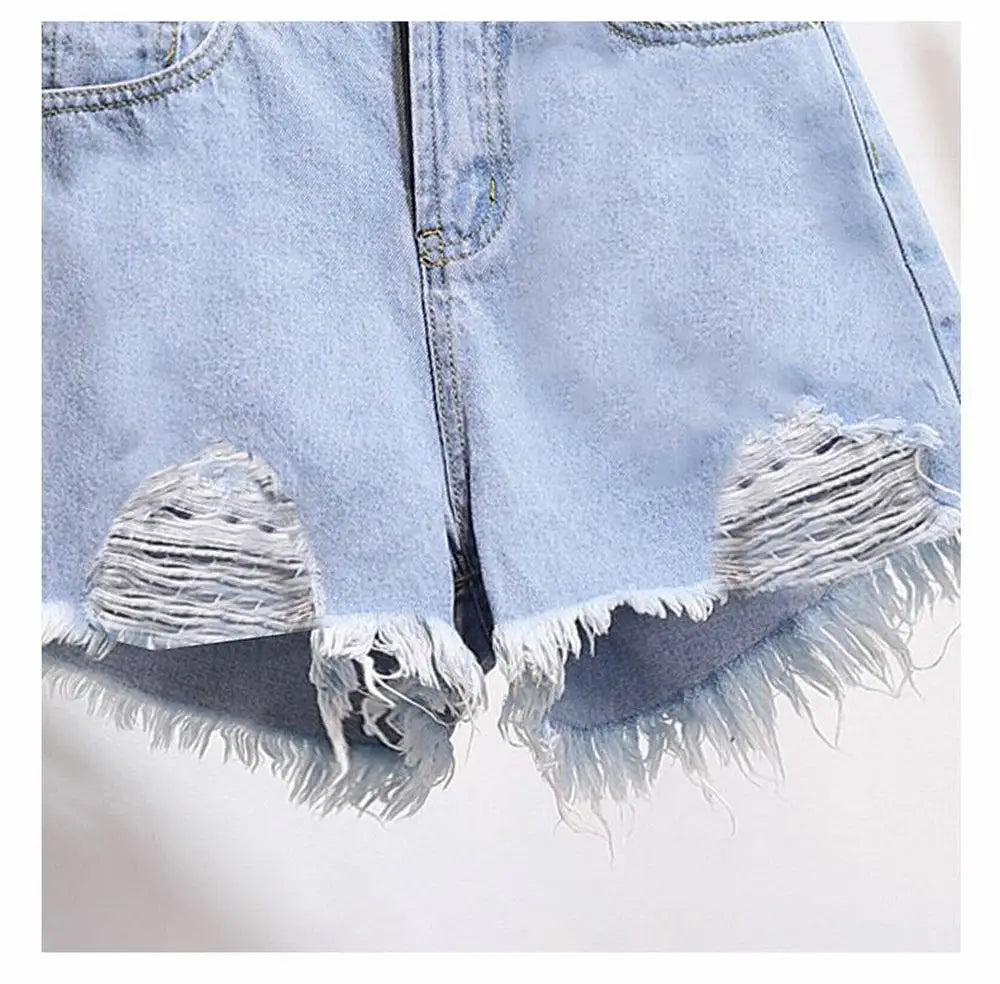 Women's Cowboy Shorts – Korean Style, High Waist, Casual, Denim, Pocket Design, Tassel, Perforated, Ripped Holes, Y2K White Jeans