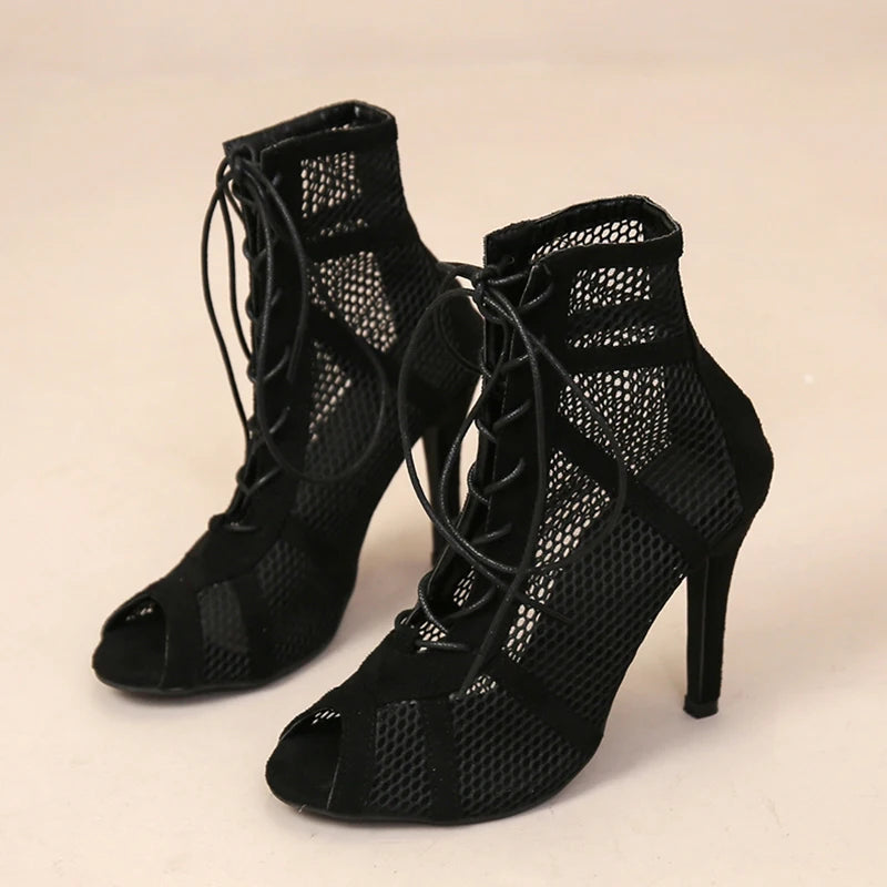 Sexy High Heels – Hollow Mesh Sandals, Summer Cross-Tied Peep Toe Heeled Sandals, Ankle Strap Dance Shoes
