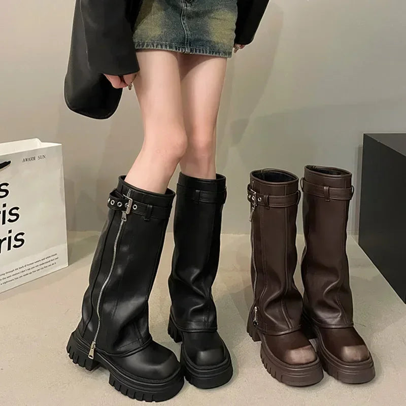 Winter Women Biker Boots – Fashion Belt Buckle, Elegant Platform Knee-High Booties for Ladies