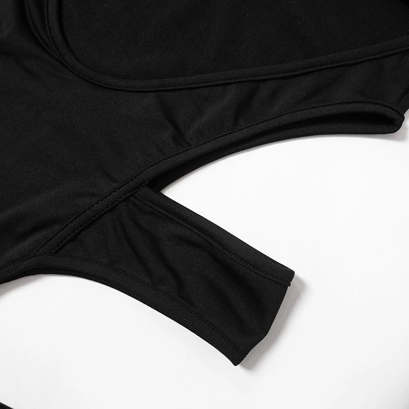 Zip Turtleneck Buckle Cutout Bodysuit – Long Sleeve, Sexy Club Romper, Black Techwear Jumpsuit for Women