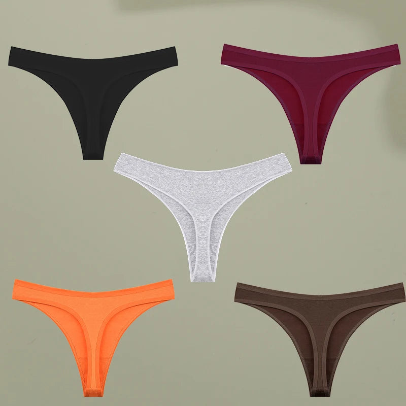 5PCS Set Low-Rise G-String Panties – Sexy, Cotton, Seamless, High Elasticity, Breathable, Solid Color
