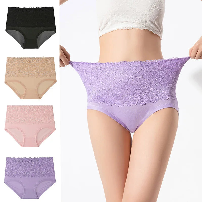 3PCS High Waist Women's Panties – Large Size, Breathable Cow Milk Silk, Lace Briefs, Sexy Female Lingerie