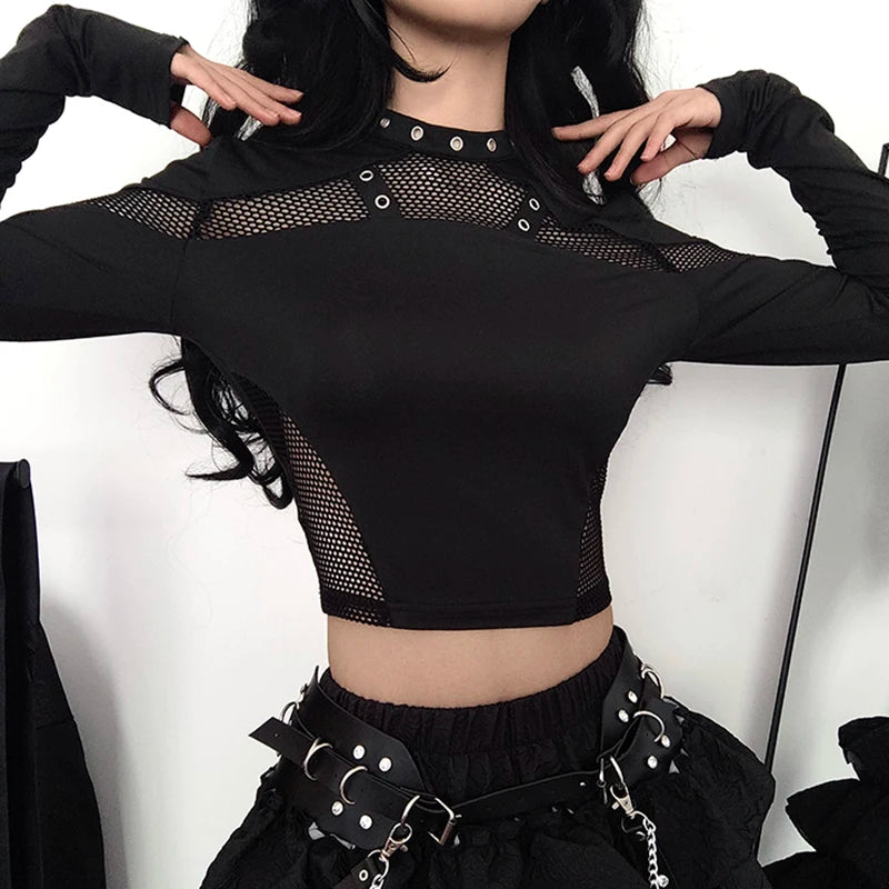 Goth Mesh Patchwork Crop Top – Sexy Hollow-Out, Long Sleeve, Eyelet Detail, Punk Style, Slim Fit Streetwear Tee