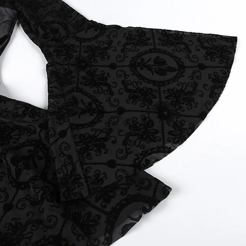 Gothic Long Sleeve Ruffle Mini Dress Women's Vintage V Neck Velvet Stretchy Bodycon Cocktail Dresses Victorian Blouse