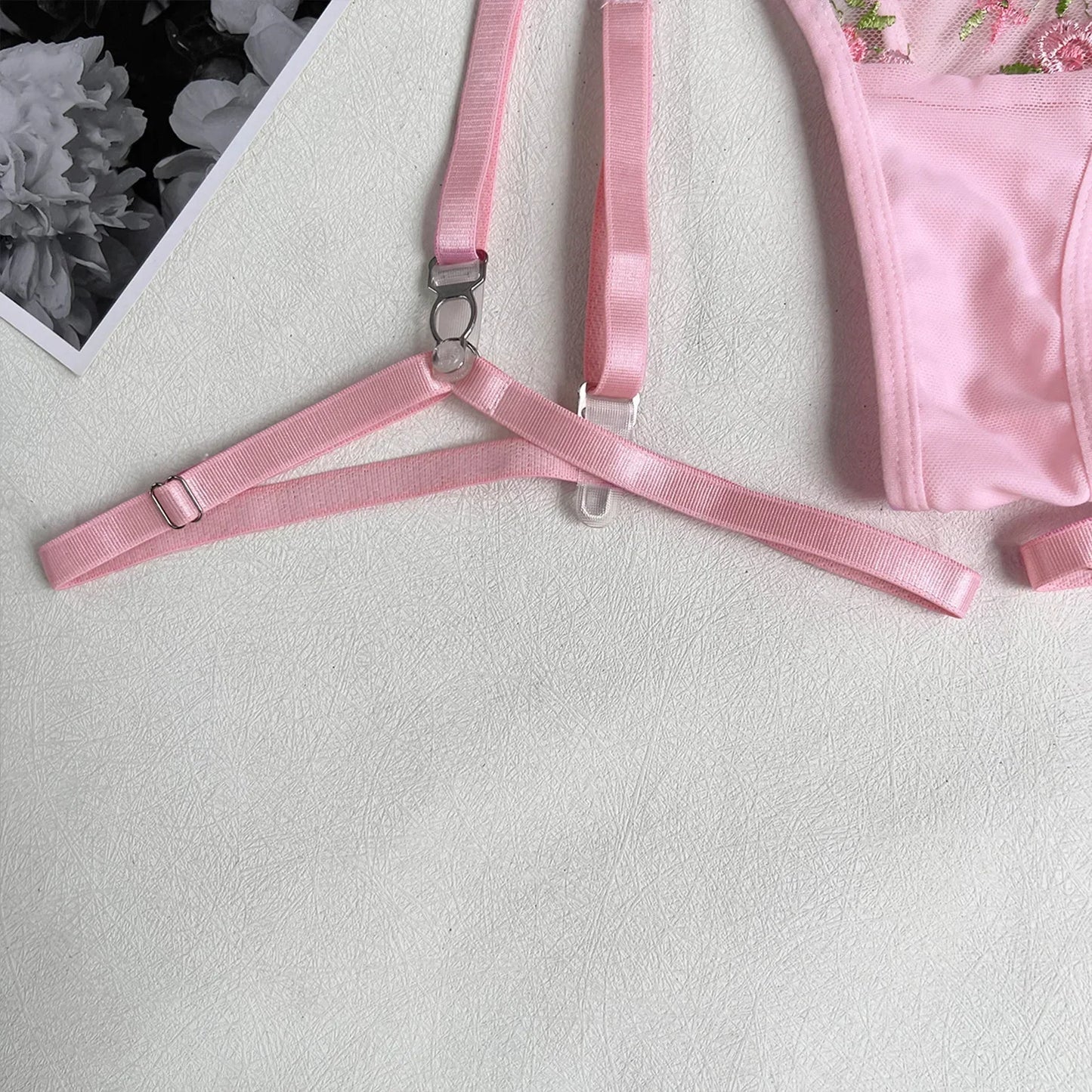Lady's Fantasy Mesh Transparent Heavy Embroidery Floral Lingerie Set – Sexy Underwear for Women, 3-Piece Intimate Desire Hot Girl 18+