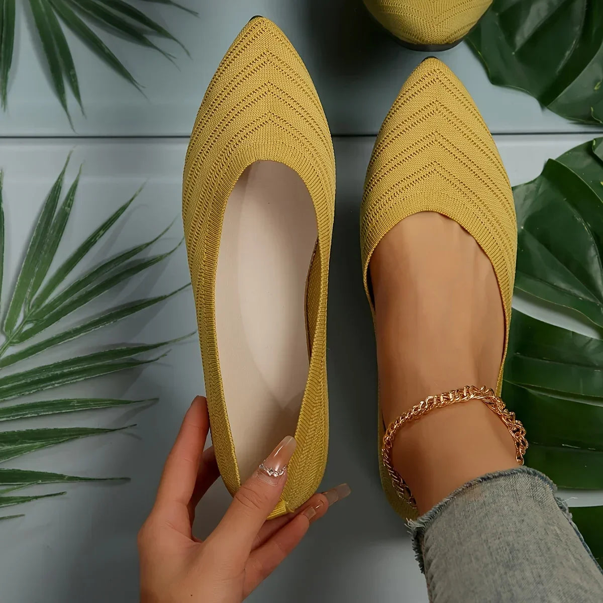 Pointed Toe Flats - Solid Color Knitted Slip-On Office Shoes, Casual Ballet Flats, Women's Loafers, Zapatos de Mujer