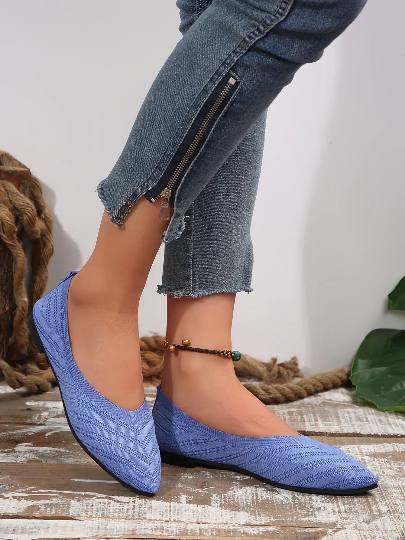 Pointed Toe Flats - Solid Color Knitted Slip-On Office Shoes, Casual Ballet Flats, Women's Loafers, Zapatos de Mujer