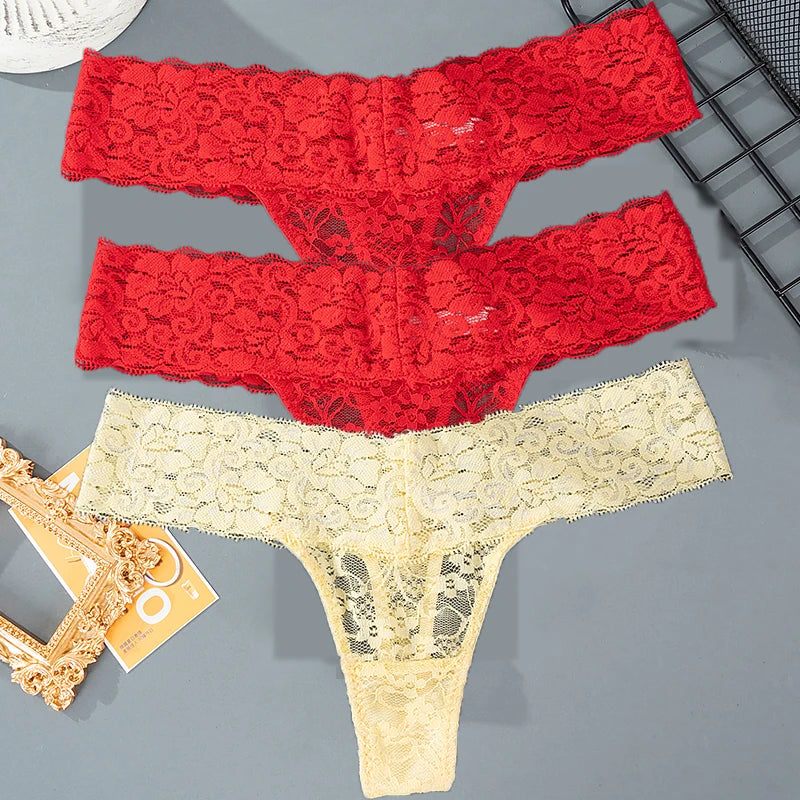 3PCS Lace Floral Thong Panties – Low Waist, Breathable, Sexy, Transparent, Solid Color Women's Underwear