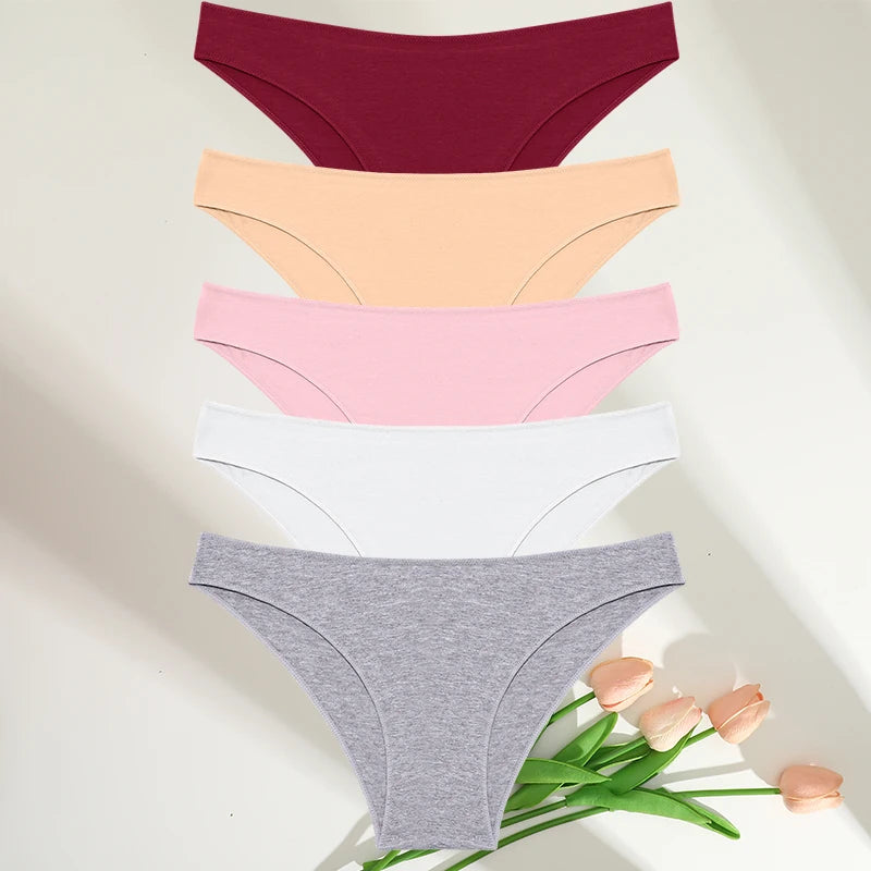 5PCS Set Women's Cotton Panties – Sexy Lingerie, Soft Underwear, Comfortable Briefs, 7 Solid Colors