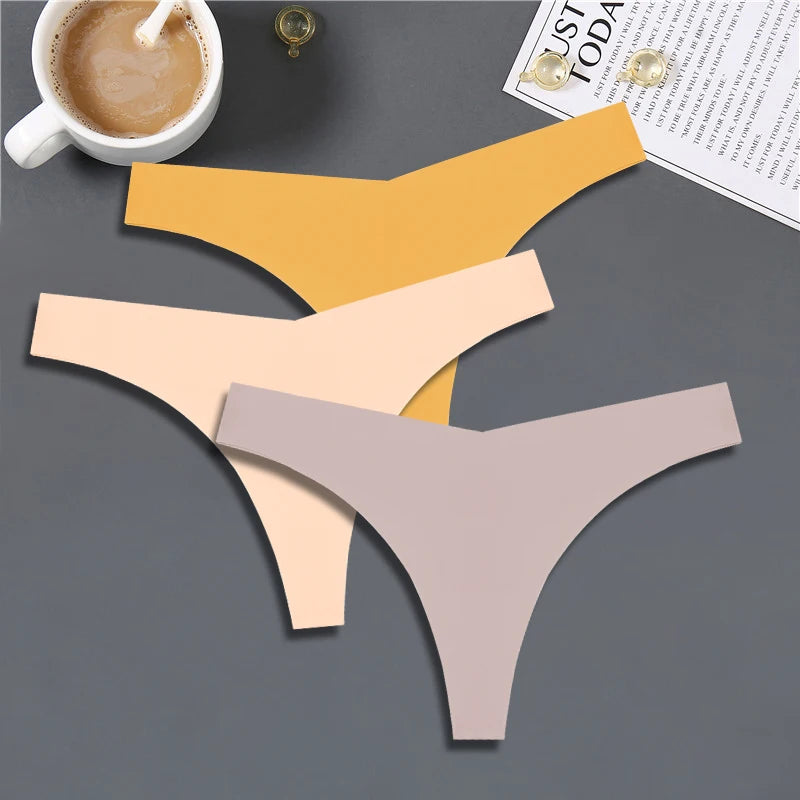 3PCS Women Ice Silk Seamless Thongs – Sexy V-Waist, Low Rise, Sporty, Breathable, 10 Solid Colors