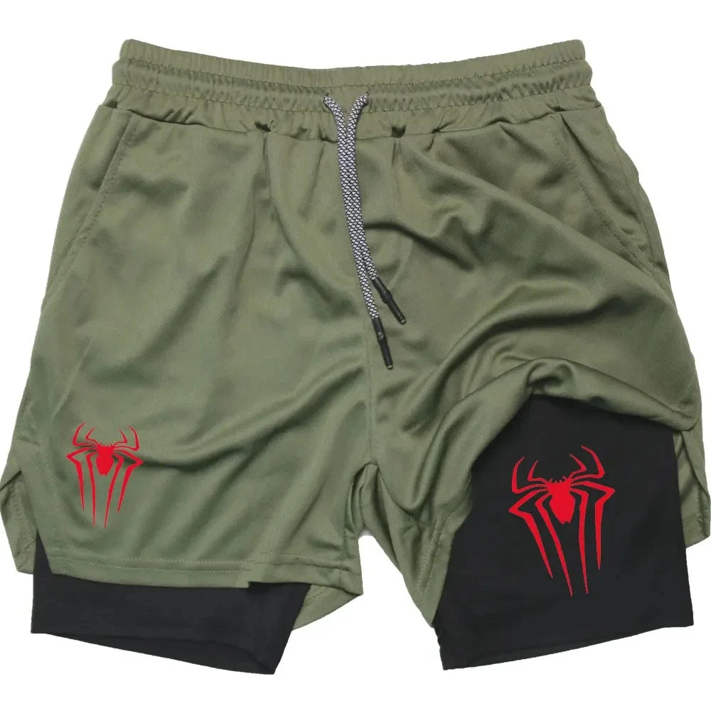 Y2K Performance Shorts Men – Spider Printed, Gym Casual Sports, Compression Shorts, Workout, Running, Mesh 2-in-1 Sport Shorts