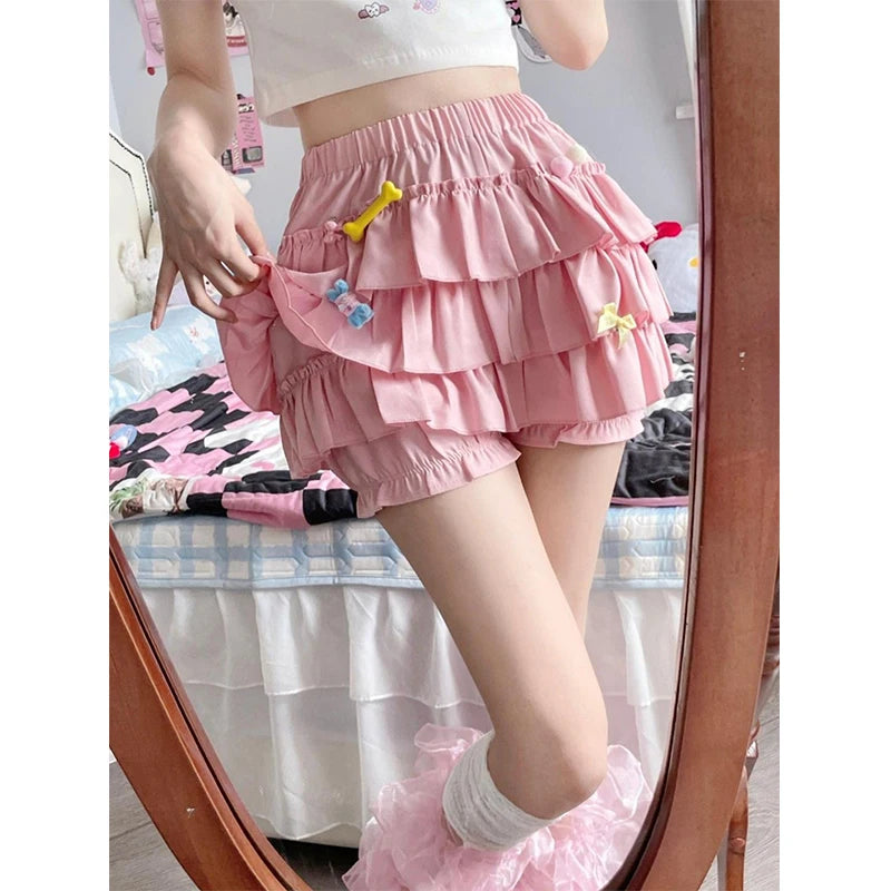 Y2K Sweet Ruffle Mini Skirt – Kawaii Lolita A-Line, Harajuku High-Waisted Bow Skirt in Pink & White