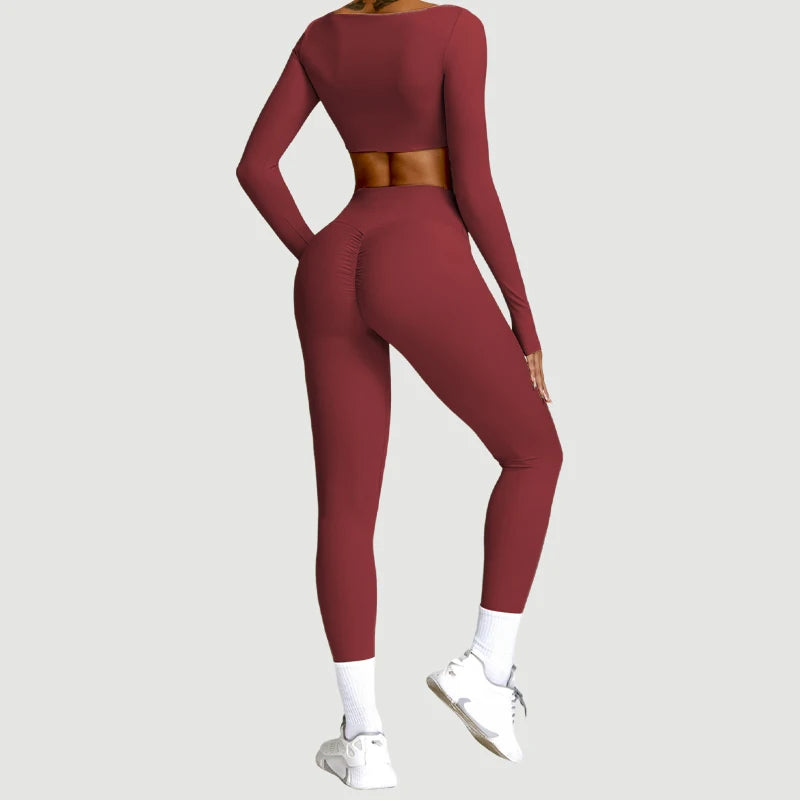 2PCS Women's Yoga & Gym Set – Quick-Dry Long Sleeve Sports Shirt & Leggings for Running & Workout