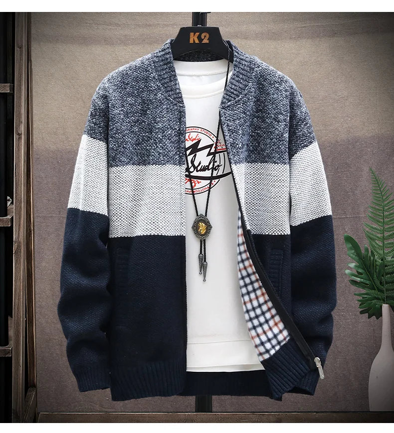 Cardigan Sweater Men – Fleece Zipper, Velvet Contrast Striped Sweater Coat, Casual Jacket for Autumn and Winter