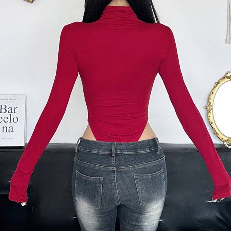 Red Skinny Bodysuit – Heart-Shaped Hollow Out, Sheer Patchwork, Full Sleeve, Vintage Chic Outfit