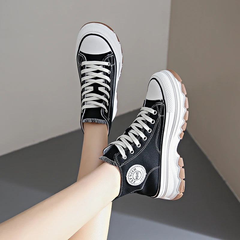 Women’s High Top Canvas Sneakers - Lace-Up, Non-slip, Wear-Resistant, Spring Platform