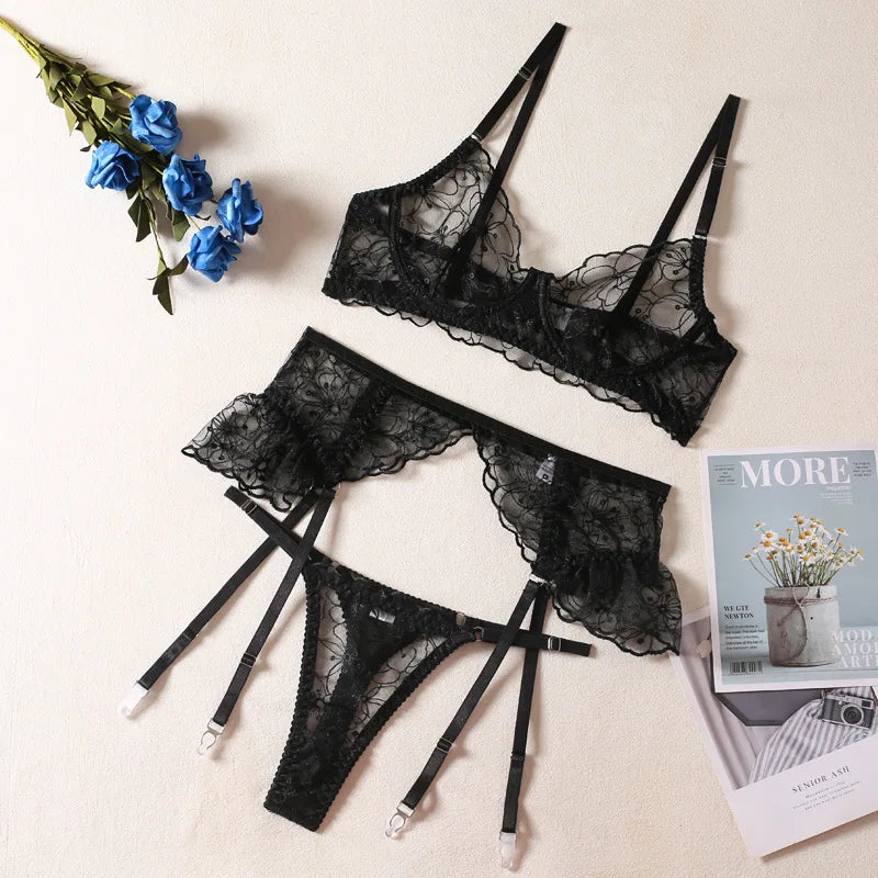 Floral Embroidery Erotic Set – Women's Transparent 3PCS Lingerie Set with Garter, Available in 3 Colors