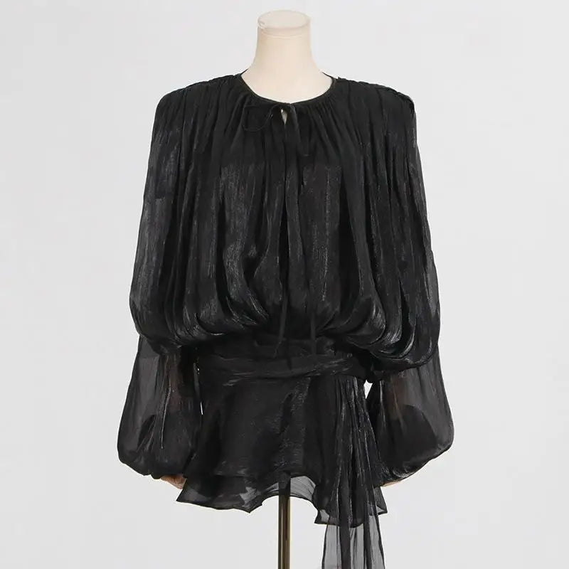 Elegant Ruffle Bow Mini Dress – Lace-Up, Solid Mesh, Full Sleeves, Backless, Pleated Prom Dress, 2025 Party Outfit
