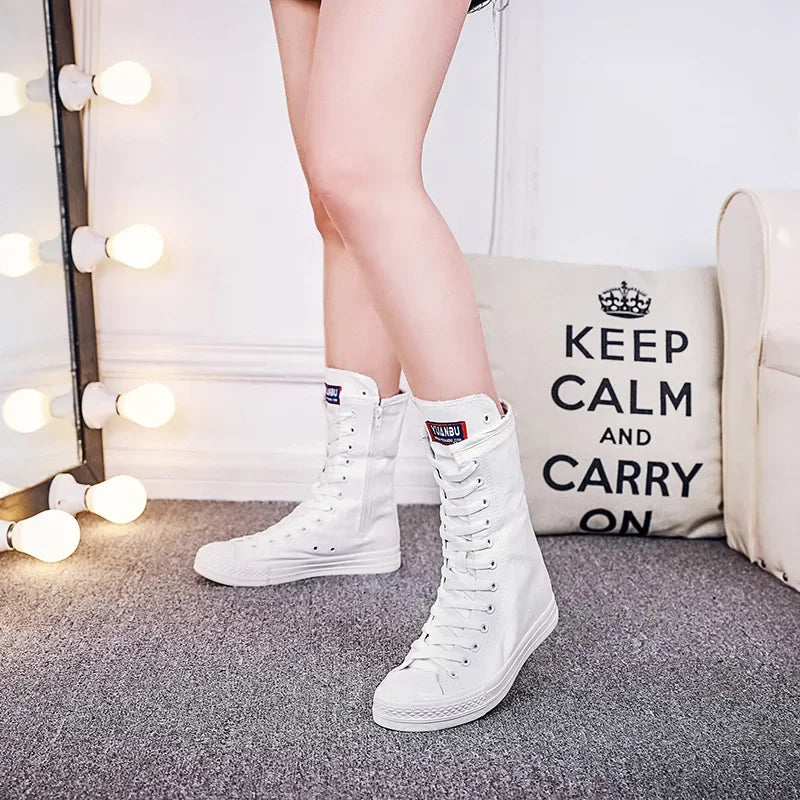 Women's Canvas Long Boots – High-Top, Lace-Up Knee-High Flats, Casual Vulcanized Sneakers