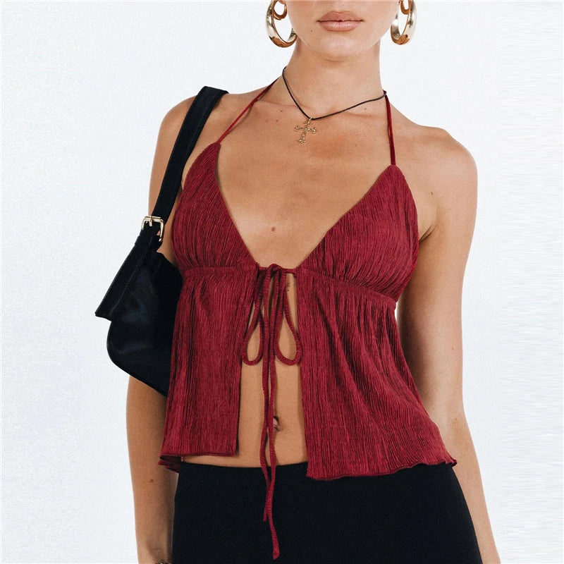 Sexy Summer Cami Top – Bowknot, Lace-Up, Sleeveless, Cropped, Elegant, Youth Fashion, Off-Shoulder, New Arrival