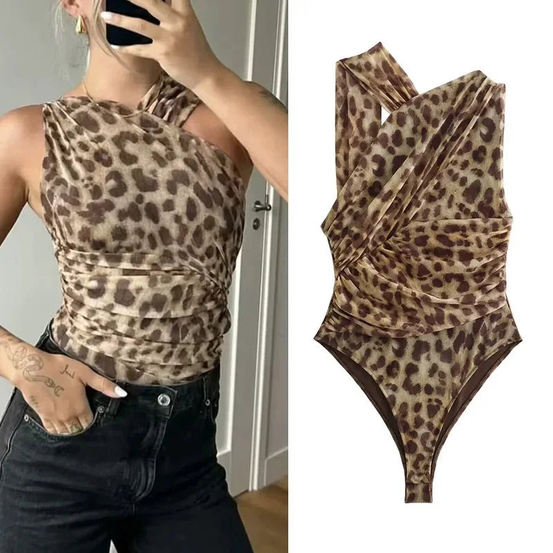 Leopard Print Mesh Bodysuit – Sleeveless, Off-Shoulder, Tight Fit, Sexy Summer Lingerie