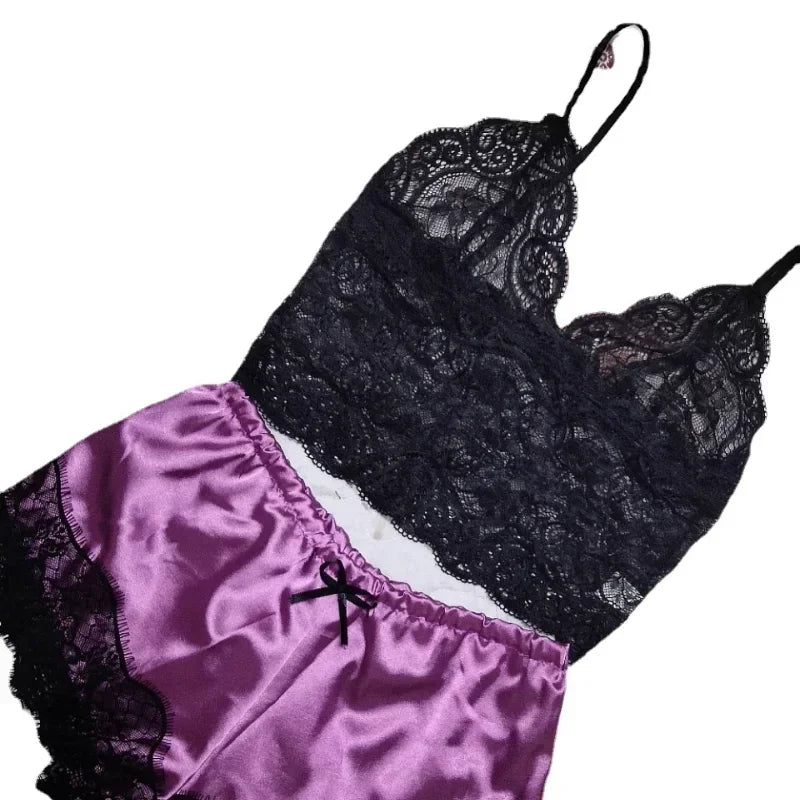 2PCS Pajamas Set for Women – Sleepwear Sexy Lingerie, Lace Silk Crop Tops and Shorts Sets, Casual Nightwear Pijamas