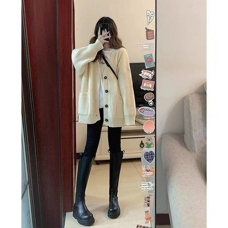Women's Knitted Cardigan – V-Neck, Loose Fit, Long Sleeve, Casual Autumn Winter Jacket