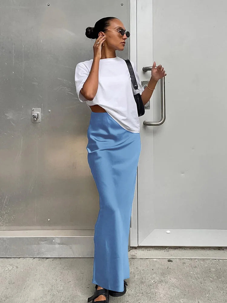 Elegant Satin Trumpet Skirt – Slim Fit, High Waist, Solid Color, Office Wear, Long Skirt, Spring Summer