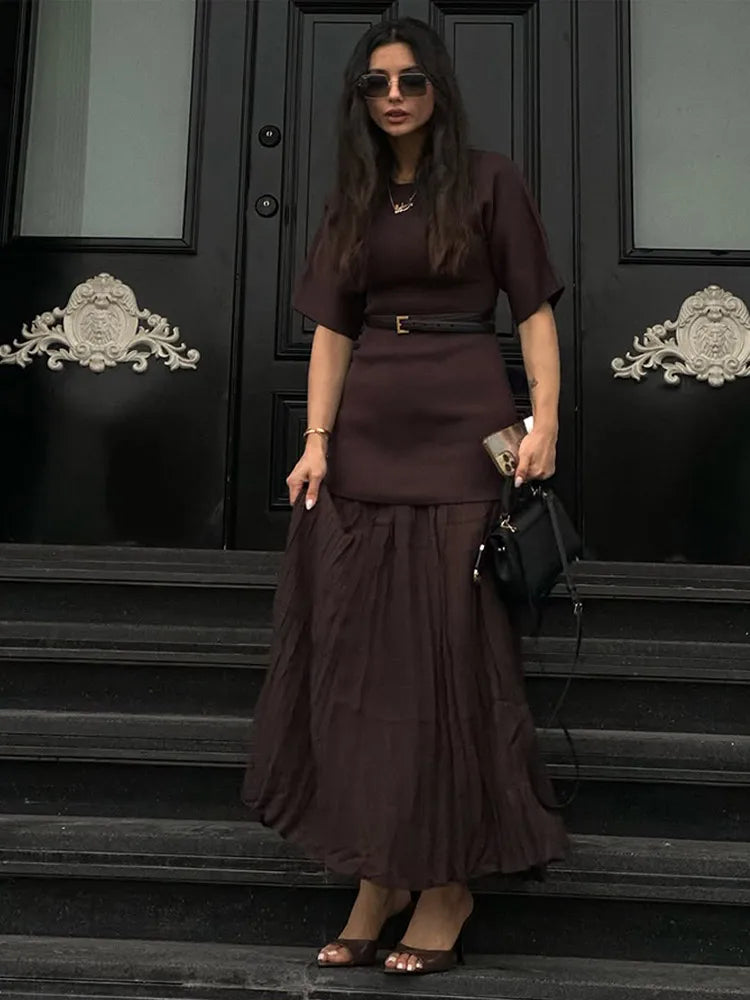 Chic Splicing Brown Maxi Dress – Half Sleeve, Pleated A-line, Slim Fit, Casual Office Commute Streetwear