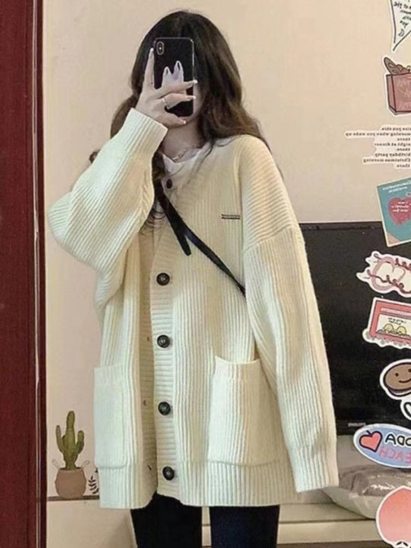 Women's Knitted Cardigan – V-Neck, Loose Fit, Long Sleeve, Casual Autumn Winter Jacket