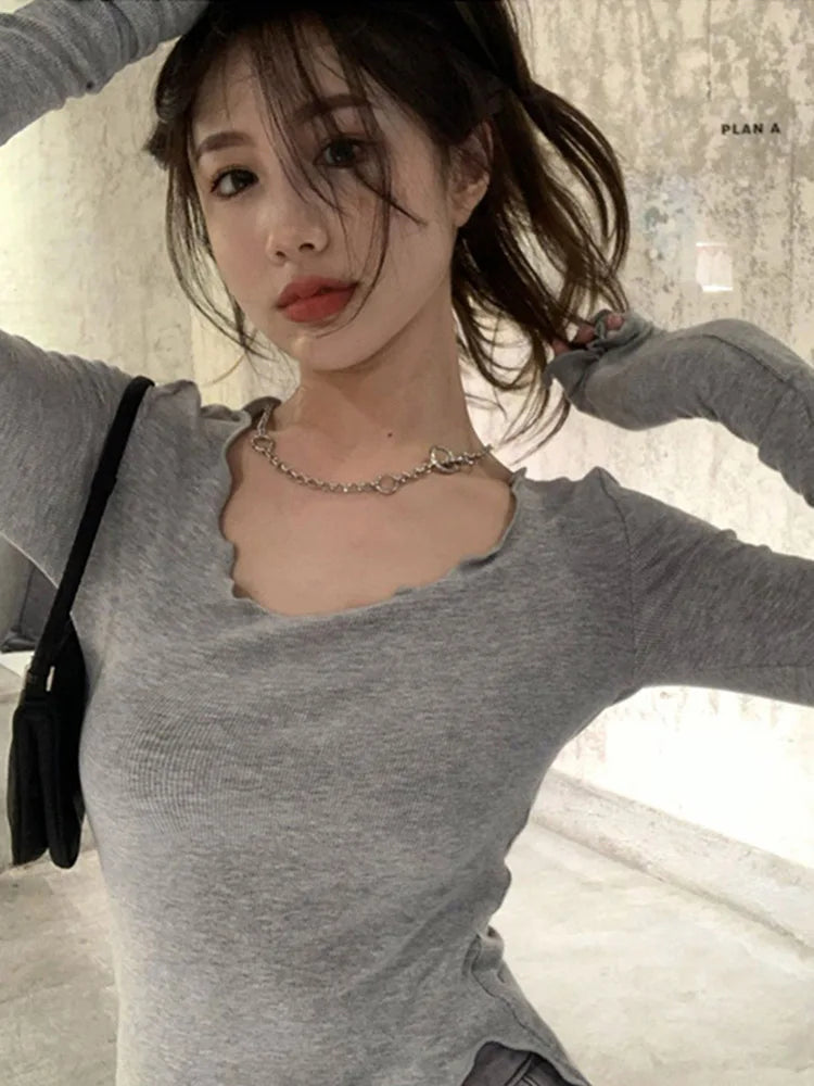 Women's Long Sleeve T-Shirt – Knitted, Slender Fit, Irregular Hem, Chic Ulzzang Autumn Wear