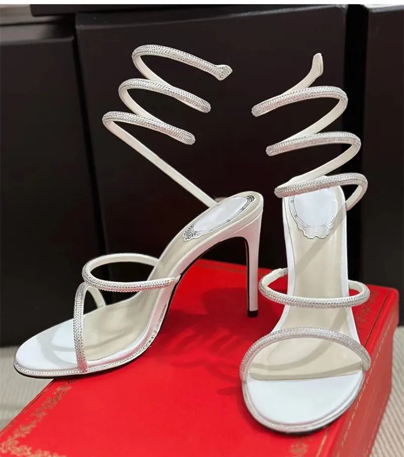 Snake Twine Around Crystal Sandals - Luxury Rhinestone Thin High Heels Gladiator Sandals, Party Prom Fashion Shoes for Women, Summer