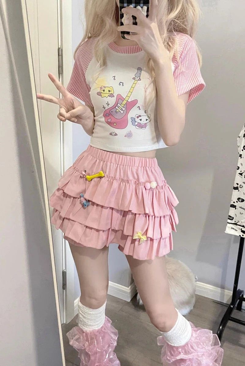 Y2K Sweet Ruffle Mini Skirt – Kawaii Lolita A-Line, Harajuku High-Waisted Bow Skirt in Pink & White