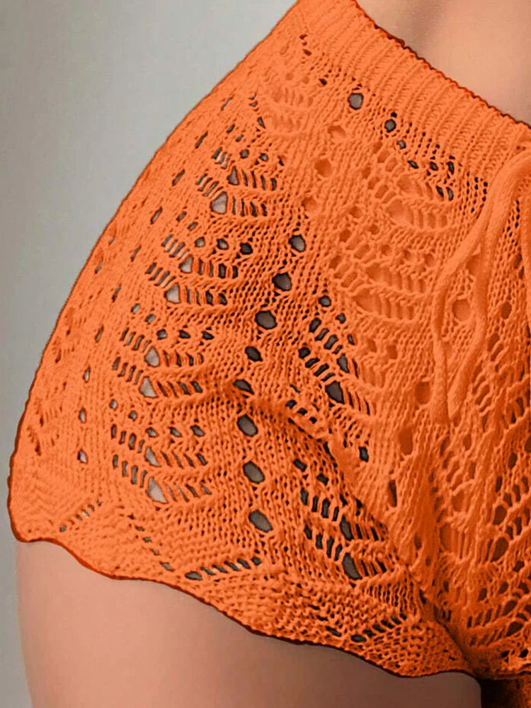 Hollow Drawstring Knitted Shorts – 100% Polyester, Open Waist, Bikini Cover-Up