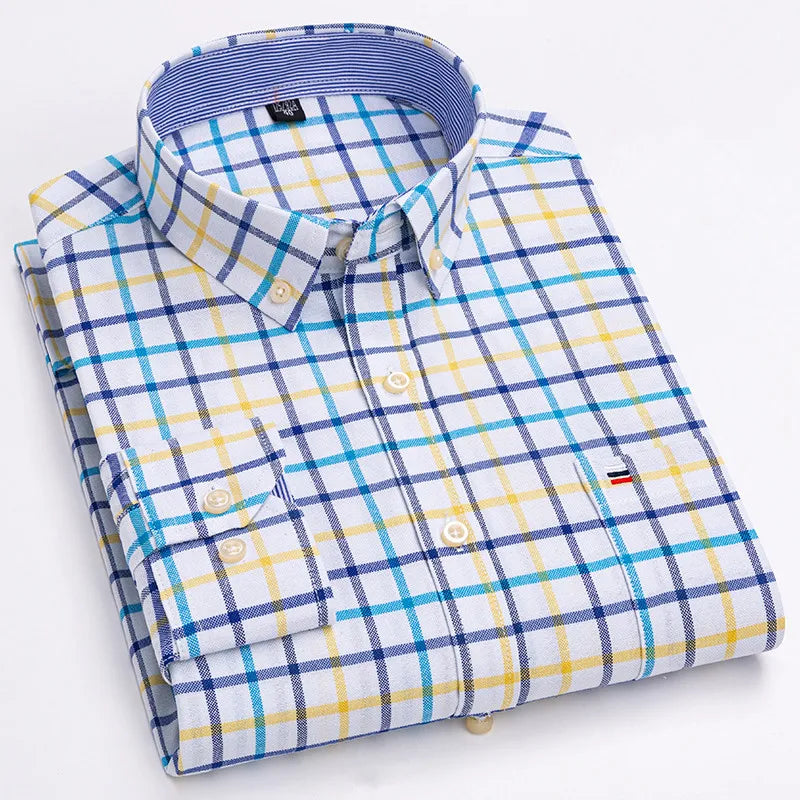 Men's 100% Cotton Shirt – Long Sleeve Plaid Oxford, Plaid, Regular Fit Formal Dress Shirt, Available In Oversized