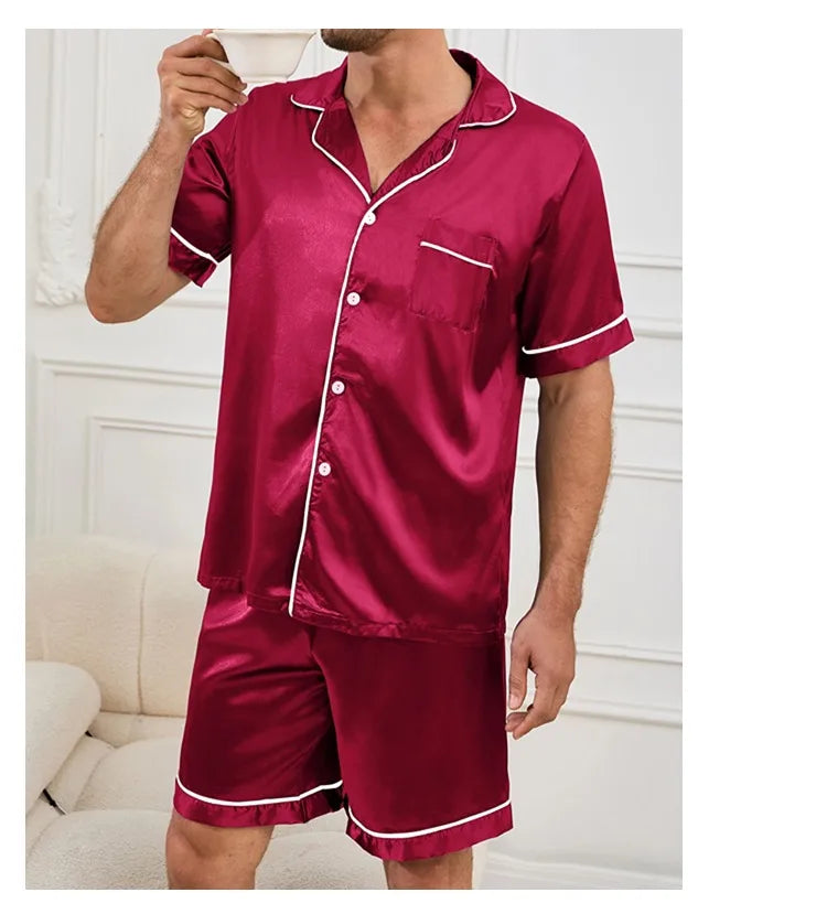 Men's Summer Pajamas Set – Short Sleeve, Button-Down Shirt with Pocket, Matching Shorts, Comfortable Loungewear Sleepwear