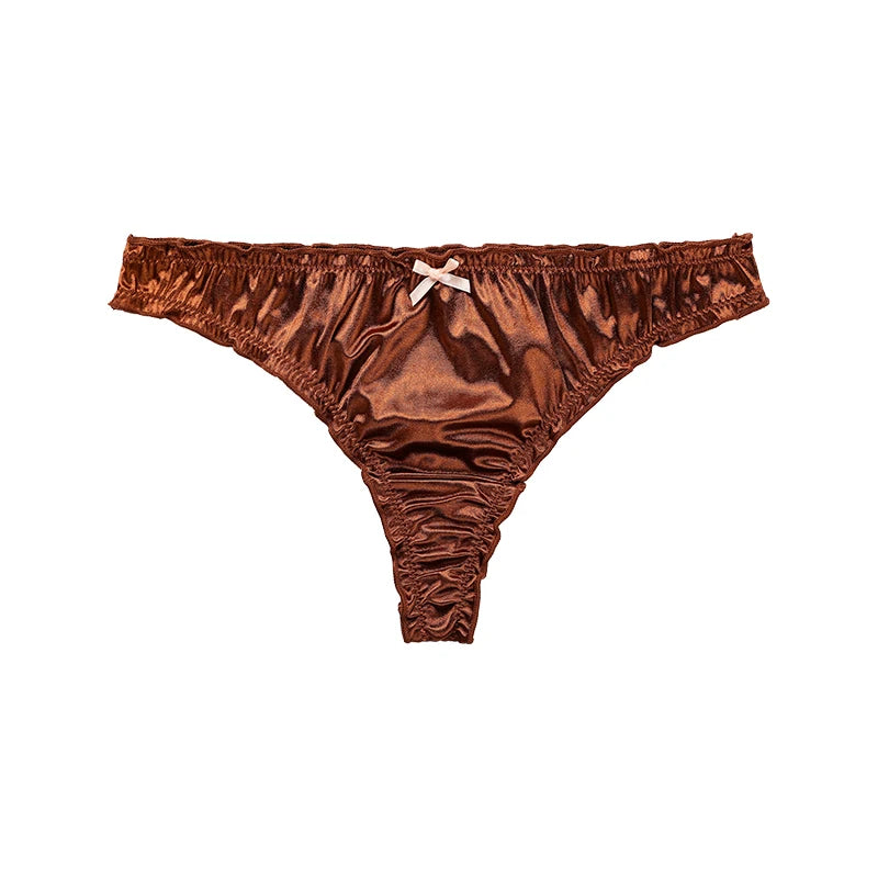 Ladies Frill Trim Satin Panties – 100% Ice Silk, Seamless, No Show, Invisible Briefs, Tanga Style