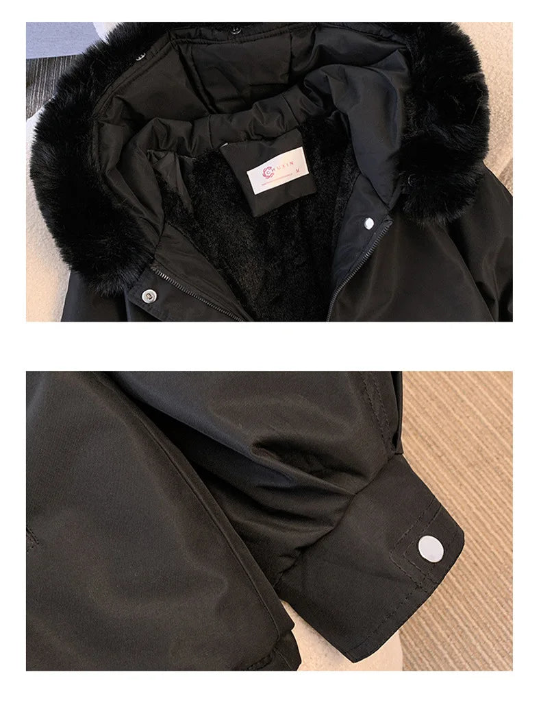 Women's Fleece-Lined Hooded Down Jacket – Warm Drawstring Puffer Parka, Korean Casual Streetwear