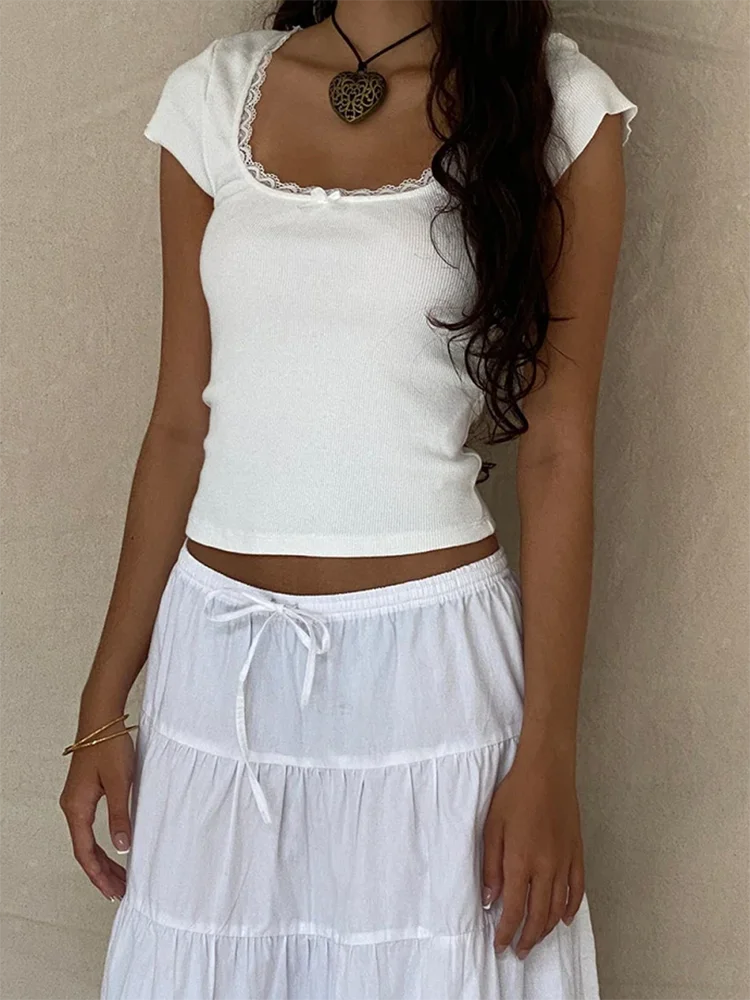 Y2K Vintage Baby Tee – Cottagecore Lace Trim, Knitted Square Neck Crop Top for Women