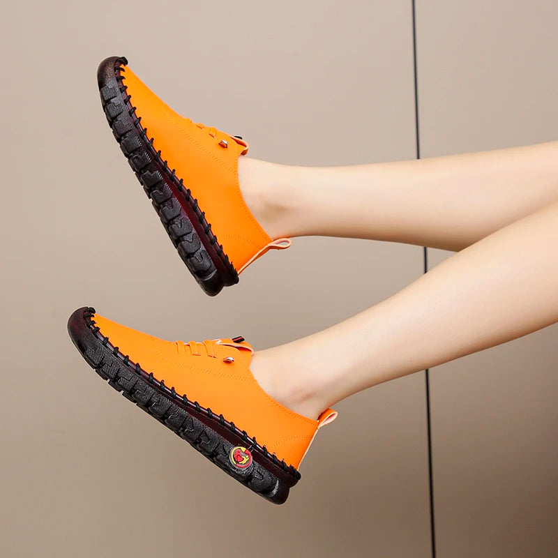 Lace-Up Leather Loafers - Flat Casual Shoes for Women, New Spring Collection, Outdoor Travel and Walking Sneakers