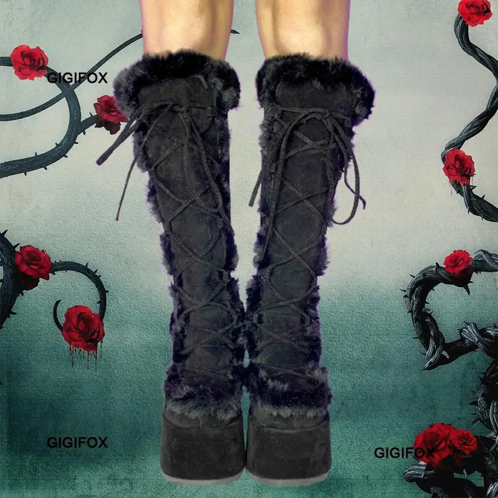 Platform Furry Boots – Chunky High Heeled Winter Autumn Knee High Boots, Women Faux Fur Zip, Gothic Style Punk Shoes Ladies