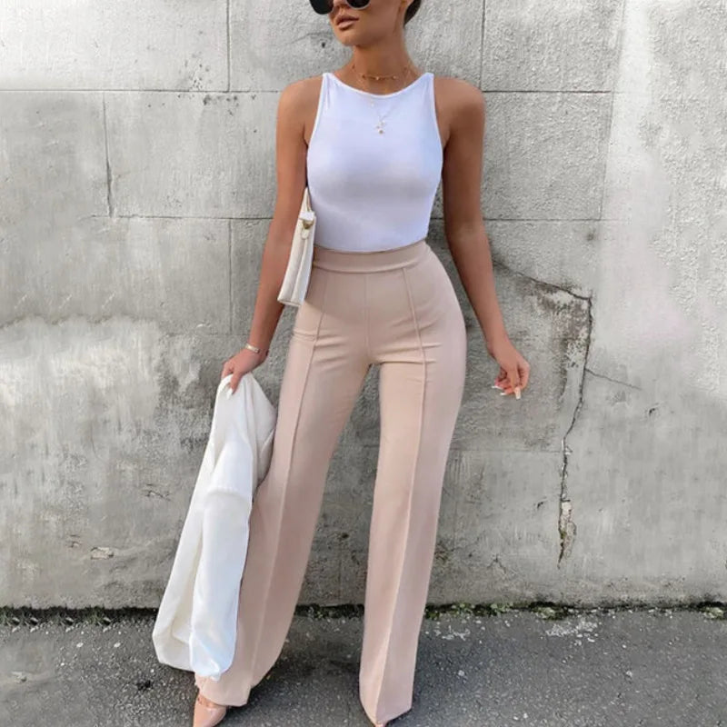 Women's Slim Bell-Bottoms Trousers – Trendy, Spring Autumn, Office Lady, Solid Color, Flared Design