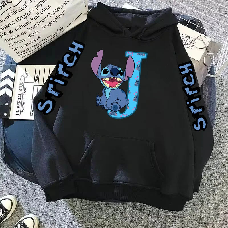Women's Winter Disney Hoodie – Cute Kawaii Lilo & Stitch, Lucky Letter Print, Black, Fashion Couple Streetwear (Big Size)