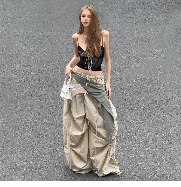 Fashion Contrast Color Patchwork Trousers – Elastic High Waist, Loose Fit, Wide Leg, Streetwear, Cargo Pants, New Arrival