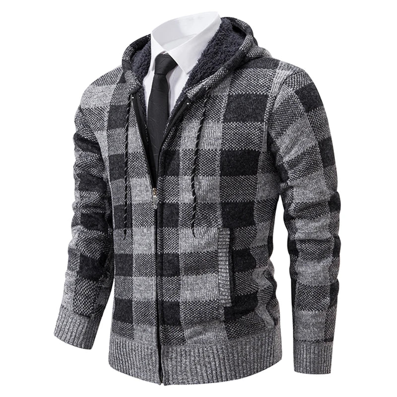 Men's Cardigan – Fashion Plus Velvet Padded Knit Jumpers, Male Sweater, Hooded Plaid Korean Luxury Brand Coat