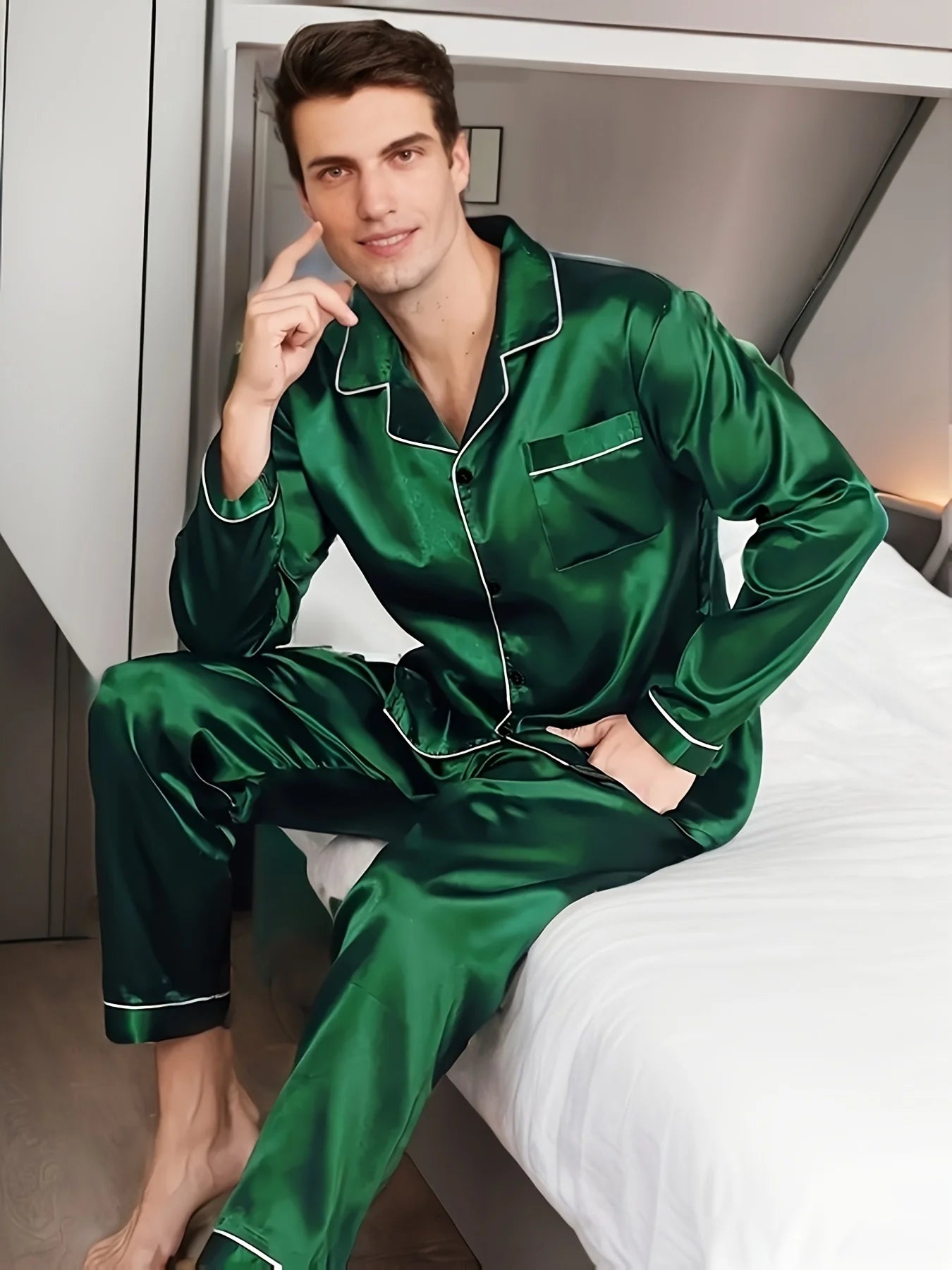 Men's Pajama Set – Microfiber Silk, Long Sleeve Shirt, Comfortable Nightwear, Plus Size Home Loungewear
